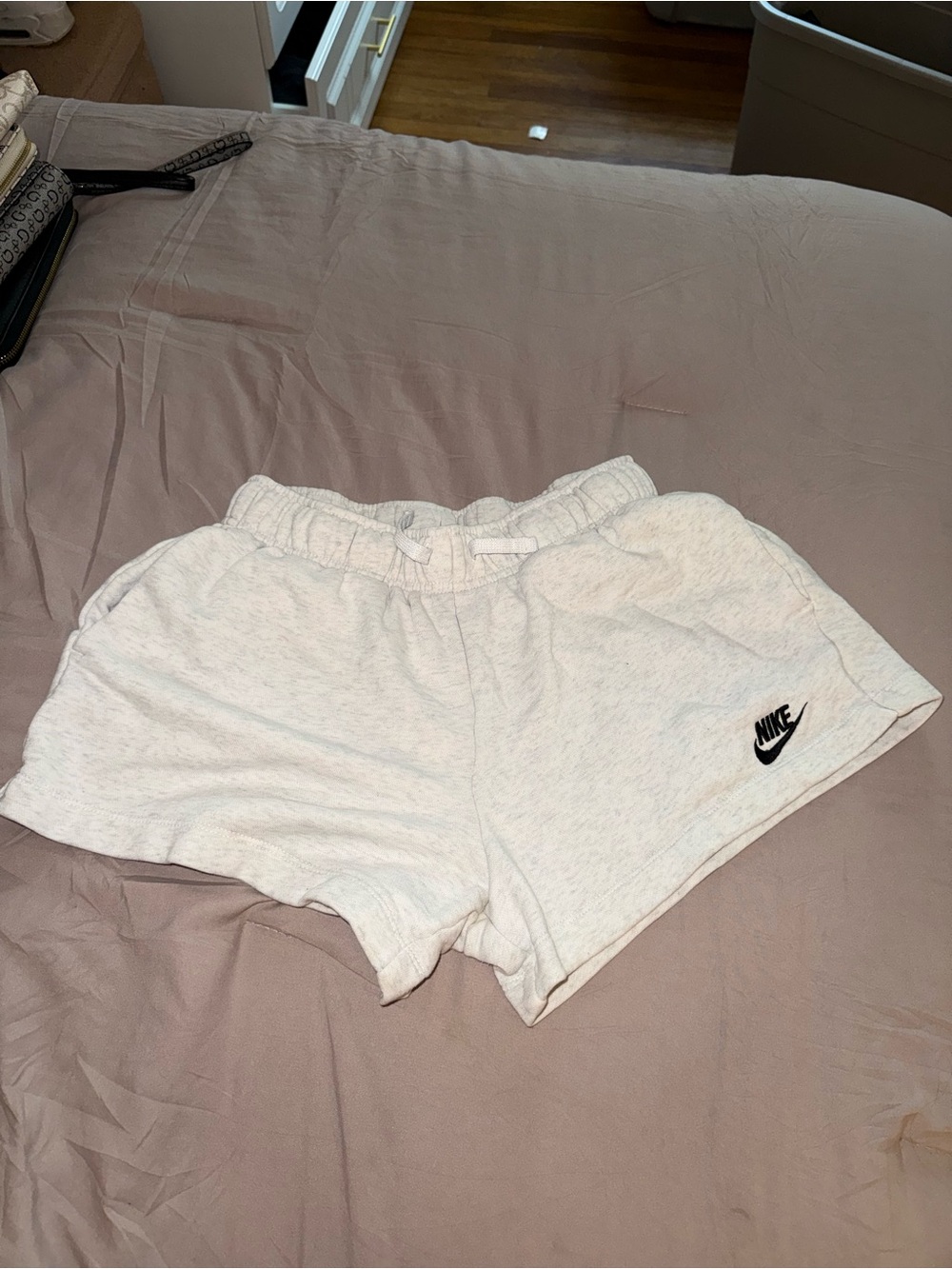 Nike Women's Light Heather White Athletic Shorts with Black Logo